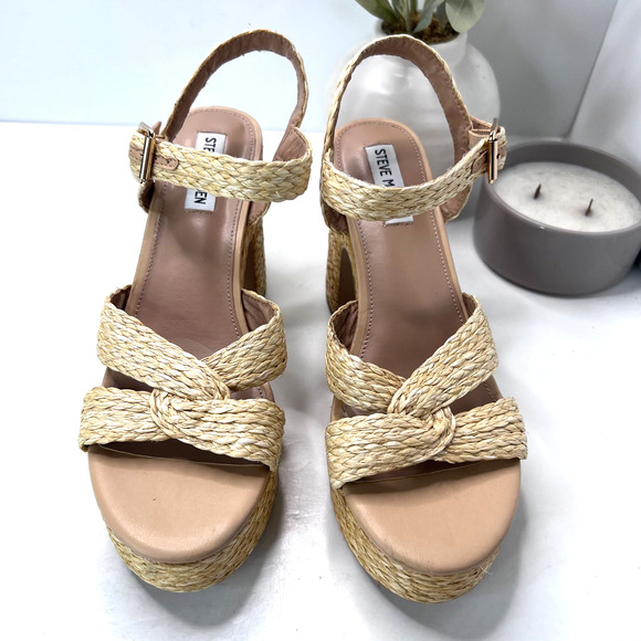 Steve Madden Carisma Raffia Chunky Sandal Heels Ankle Strap Natural Women 11 M - Picture 5 of 11